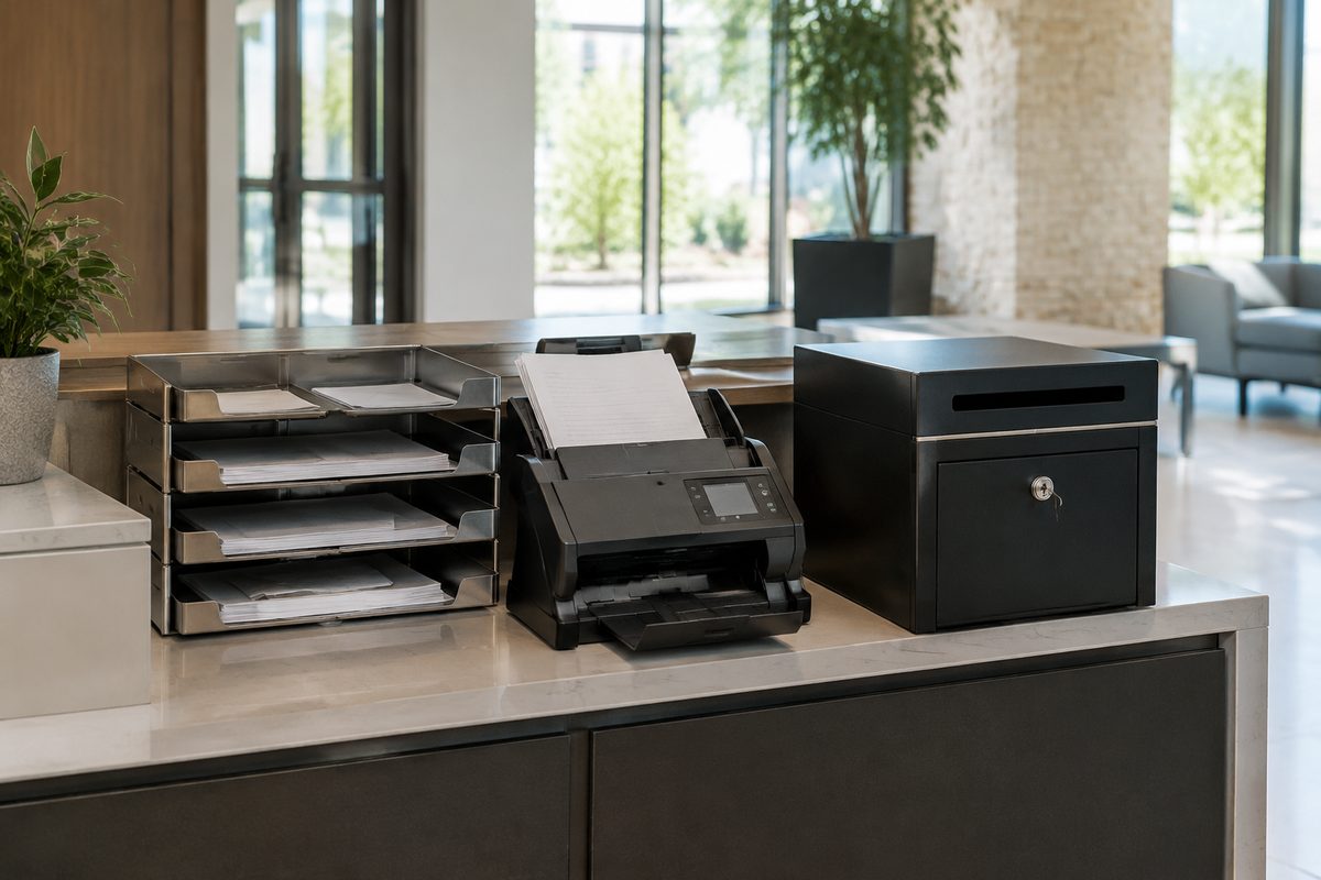 Secure statutory document reception console and intake desk at the Bixby registered facility.