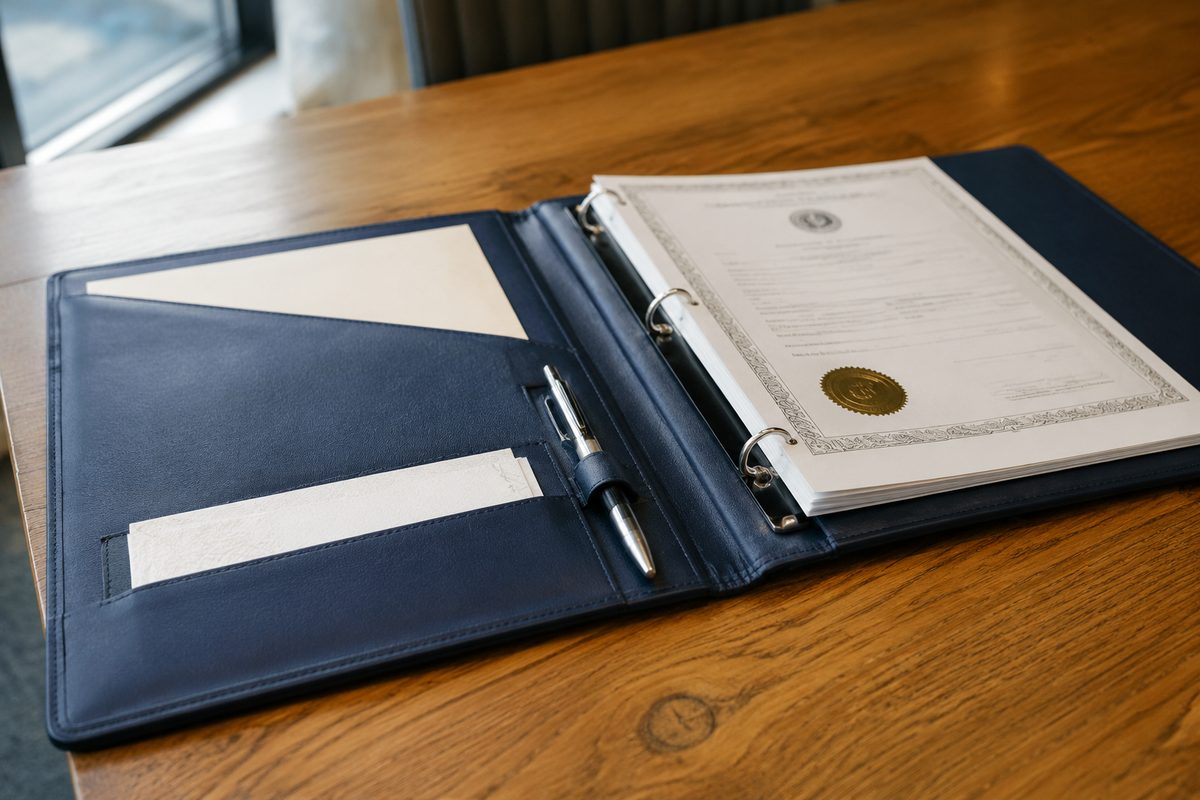 Oklahoma corporate formation documents and entity organizational certificates open on a desk.